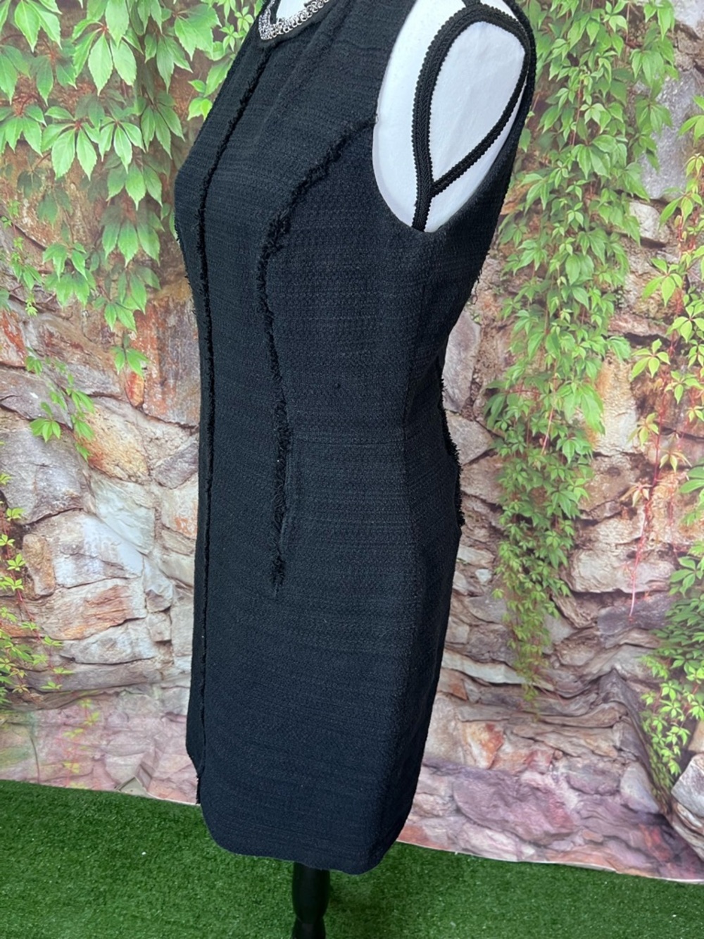 REBECCA TAYLOR Black Fringed Chain Mail Neckline Quiet Luxury Sheath Dress, 8 - Picture 5 of 11